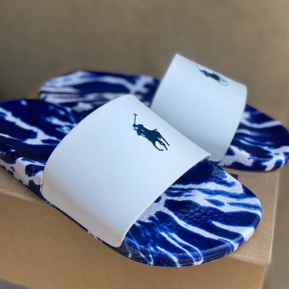 Polo Ralph Lauren White and blue Tie Dye Slides NEW